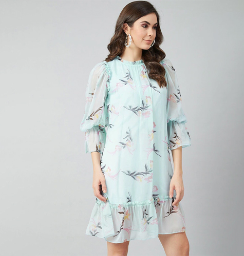 Turquoise Blue Floral Printed A-Line Dress